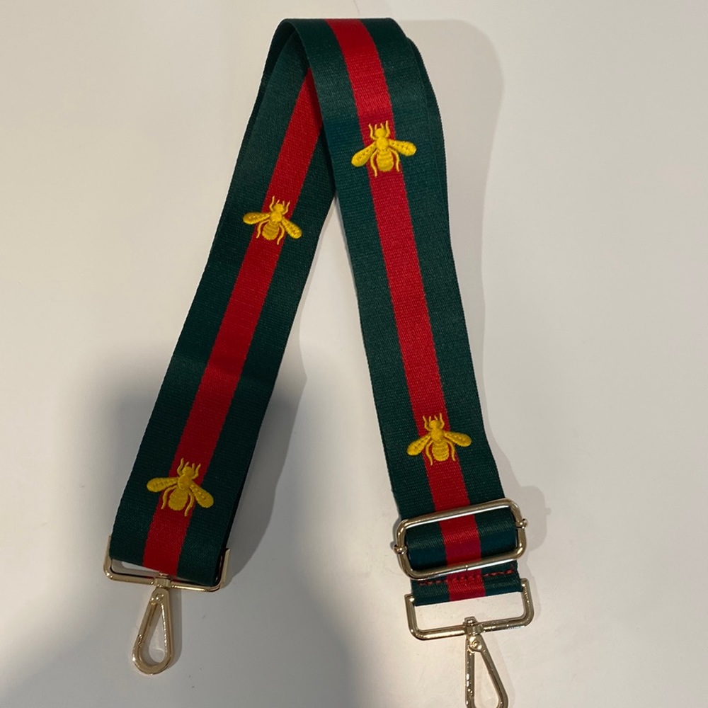 red & green bag strap w yellow bee print
